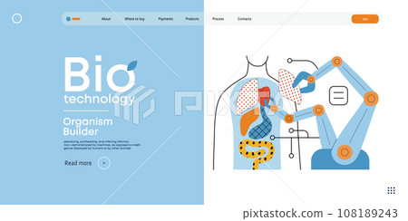 Bio Technology, Organism Builder -modern flat vector concept illustration of robot assembling organism using blocks, parts representing organ systems. Metaphor of regenerative medicine and 3D printing Bio Technology, Organism Builder -modern flat vector concept illustration of robot assembling organism using blocks, parts representing organ systems. Metaphor of regenerative medicine and 3D printing 108189243