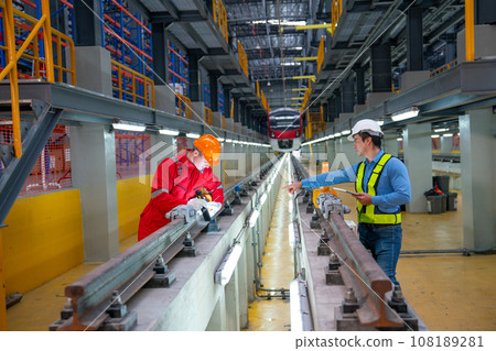 Professional engineer hold tablet and point to technician worker near railroad tracks of train 108189281