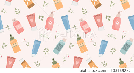 Seamless pattern of hand and face creams, organic cosmetics. Skin care background. Print, wallpaper. Vector 108189282