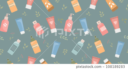Seamless pattern of hand and face creams, organic cosmetics. Skin care background. Print, wallpaper. Vector 108189283