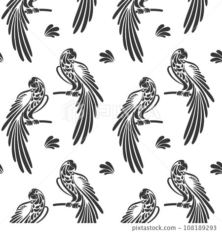 Seamless pattern, stylized tropical birds parrots on a white background. Black and white print, background, textile. Vector 108189293