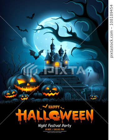 Happy Halloween pumpkins smiling and scary face on fullmoon poster 108189454