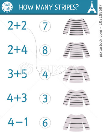 Match the numbers game with stripy shirt. Math activity for preschool kids with traditional French clothes. France educational counting worksheet. How many stripes page for children Match the numbers game with stripy shirt. Math activity for preschool kids with traditional French clothes. France educational counting worksheet. How many stripes page for children 108189697