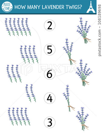 Match the numbers game with lavender bunch. Math activity for preschool kids with traditional French flower. France plant educational counting worksheet. How many twigs page for children Match the numbers game with lavender bunch. Math activity for preschool kids with traditional French flower. France plant educational counting worksheet. How many twigs page for children 108189698