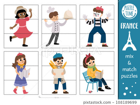 Vector France mix and match puzzle with cute characters. Matching activity for preschool kids with French people. Educational printable game with chef, mime, tourist girl, man with baguette Vector France mix and match puzzle with cute characters. Matching activity for preschool kids with French people. Educational printable game with chef, mime, tourist girl, man with baguette 108189699