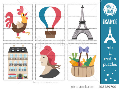 Vector France mix and match puzzle with cute traditional symbols. Matching activity for preschool kids with French signs. Educational printable game with Eiffel Tower, Marianne, rooster, baguette 108189700