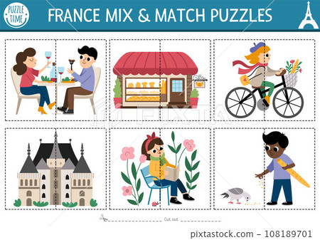 Vector France mix and match puzzle with cute characters, bakery, castle. Matching activity for preschool kids with French people. Educational printable game with reading girl, dining pair Vector France mix and match puzzle with cute characters, bakery, castle. Matching activity for preschool kids with French people. Educational printable game with reading girl, dining pair 108189701