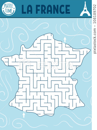 Maze for kids with map of France. French preschool printable activity for children. Geometric labyrinth game or puzzle with country plan Maze for kids with map of France. French preschool printable activity for children. Geometric labyrinth game or puzzle with country plan 108189702