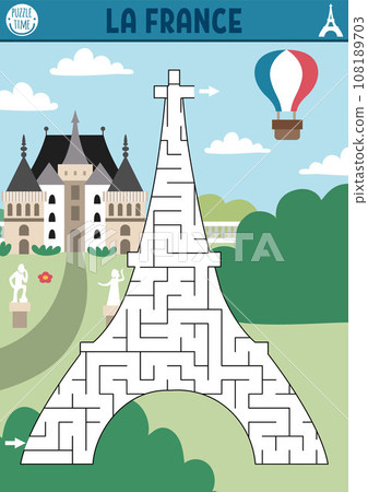 Maze for kids with Eiffel Tower. French preschool printable activity for children with main Paris landmark. Geometric labyrinth game or puzzle with France place of interest, scene, castle Maze for kids with Eiffel Tower. French preschool printable activity for children with main Paris landmark. Geometric labyrinth game or puzzle with France place of interest, scene, castle 108189703