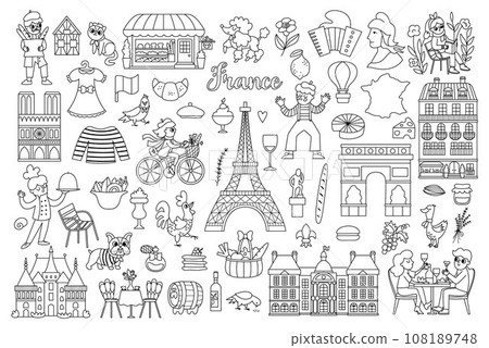 France symbols vector set. Big black and white collection with French sights, food, Eiffel tower, people, baguette, croissant. Cute Paris line icons with palaces, castle, mime, macaroon, Marianne 108189748