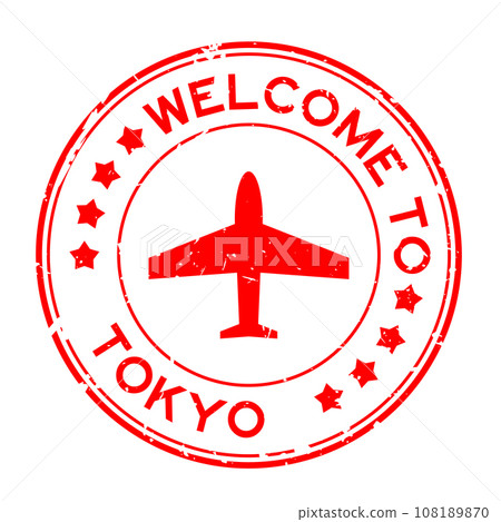 Grunge green welcome to tokyo word with plane icon round rubber seal stamp on white background Grunge green welcome to tokyo word with plane icon round rubber seal stamp on white background 108189870
