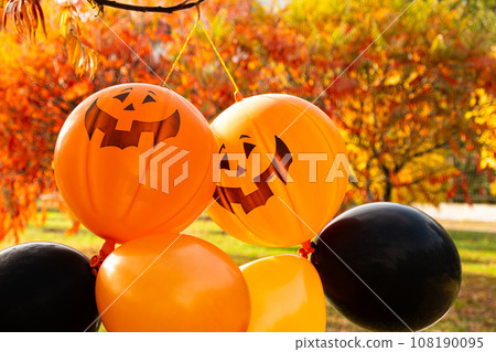 Halloween pumpkin balloons, orange and black in autumn park. 108190095