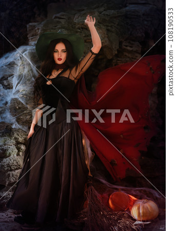 A portrait of a young sexy witch with outside. Magic, dark force, spell. Witchcraft. Halloween. 108190533