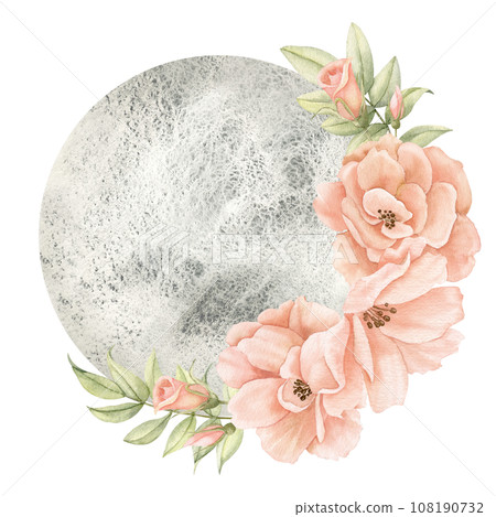 Floral blooming moon. Watercolor hand drawn illustration of Full Luna and rose Flowers for icon or logo. Celestial drawing in pastel colors for astrological element. Astrological sketch. 108190732
