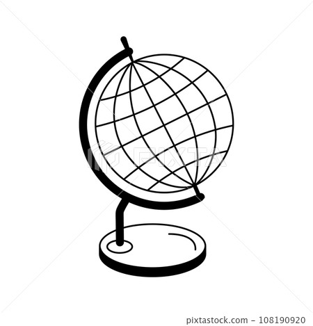 Isolated doodle globe on stand black and white. Outline vector Icon school supplies. Isolated doodle globe on stand black and white. Outline vector Icon school supplies. 108190920