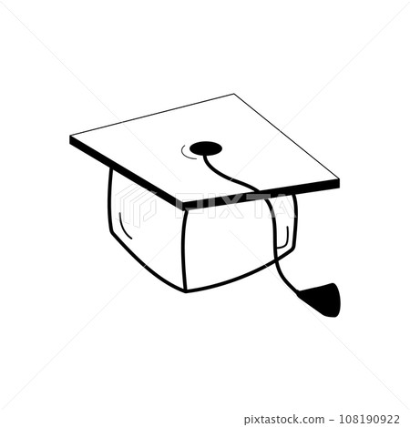 Isolated doodle graduation student cap black and white. Outline vector Icon school supplies. Isolated doodle graduation student cap black and white. Outline vector Icon school supplies. 108190922