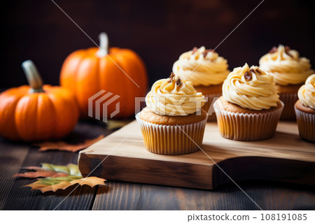 Delicious pumpkin cupcakes with buttercream on dark background. Generative AI.	 108191085