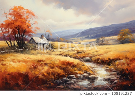 Autumn landscape with a country cottage. Autumn themed illustration 108191227
