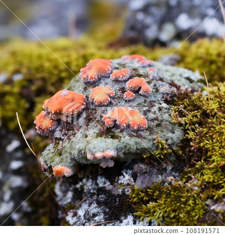 Close up of colorful lichens growing on a rock in the tundra. Various shades of green, yellow, orange, and red, and they contrast beautifully with the gray rock. 108191571