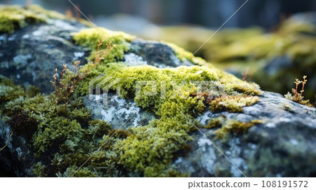 Close up of colorful lichens growing on a rock in the tundra. Various shades of green, yellow, orange, and red, and they contrast beautifully with the gray rock. 108191572