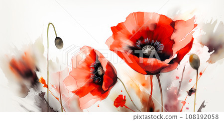 Red blooming poppy flowers in watercolor painting style. Generative AI.	 108192058