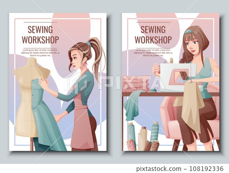 Set of Flyer design with a seamstress working on a sewing machine Banner poster with a girl creating clothes on a mannequin. Work in a sewing workshop, atelier, tailoring courses. 108192336