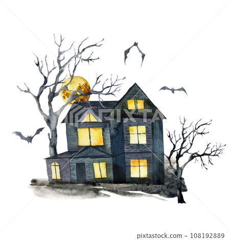Watercolor Halloween card of black house, trees, moon and birds. Hand painted holiday template isolated on white background. Illustration for design, print, fabric or background. Watercolor Halloween card of black house, trees, moon and birds. Hand painted holiday template isolated on white background. Illustration for design, print, fabric or background. 108192889