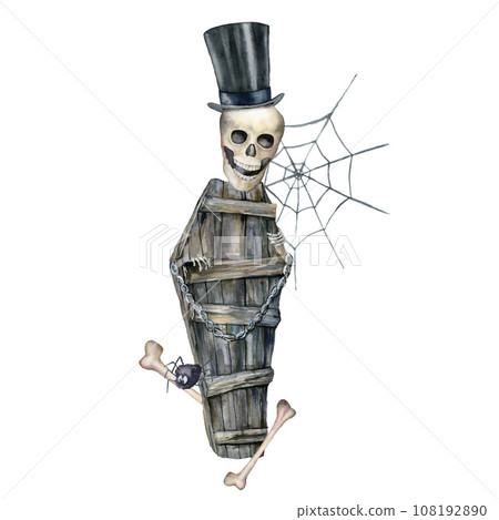 Watercolor Halloween card of Jolly Roger with hat and coffin. Hand painted holiday template with skull and bones isolated on white background. Illustration for design, print, fabric or background. 108192890