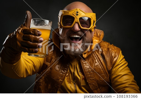 bearded red-haired superhero in a yellow suit drinks beer on a dark background bearded red-haired superhero in a yellow suit drinks beer on a dark background 108193366