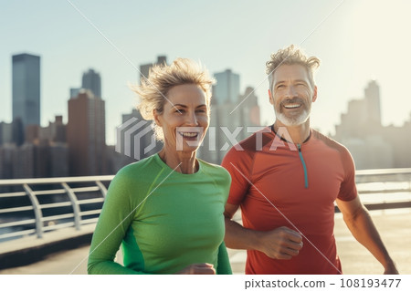 adult couple 45-55 years old, training in the city at sunset, city jogging, cardio prevention. adult couple 45-55 years old, training in the city at sunset, city jogging, cardio prevention. 108193477