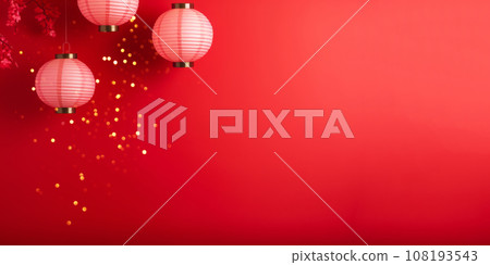 Red minimalistic background with Chinese lanterns. Chinese New Year celebration. AI content. 108193543