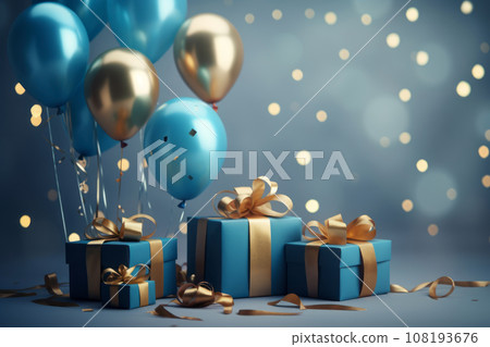Festive background with blue and golden balls, gift boxes and confetti. AI content. Festive background with blue and golden balls, gift boxes and confetti. AI content. 108193676