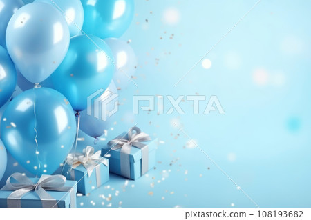 Festive background with blue balls, gift boxes and confetti. AI content. Festive background with blue balls, gift boxes and confetti. AI content. 108193682