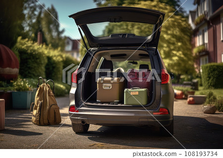 Open trunk of a car with suitcases and belongings Open trunk of a car with suitcases and belongings 108193734
