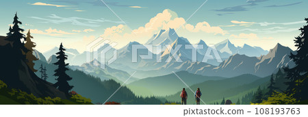 A family of travelers standing on top of a mountain A family of travelers standing on top of a mountain 108193763