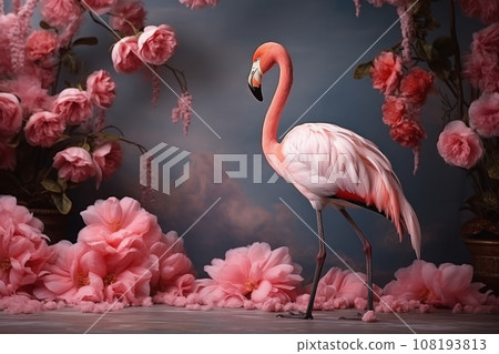 Pink flamingo with exotic flowers 108193813