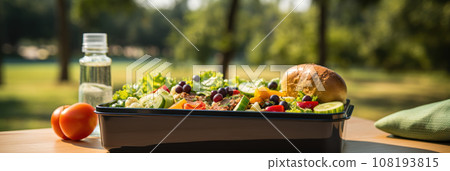 Lunchbox against the backdrop of the park Lunchbox against the backdrop of the park 108193815