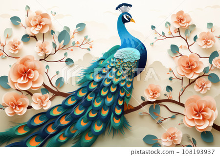 Peacock on a branch with flowers Peacock on a branch with flowers 108193937