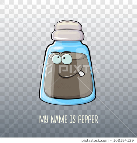 Vector cartoon pepper shaker with smiling faces isolated on transparent background. Funky Kawaii pepper character. My name is pepper concept illustration for printing on tee 108194129