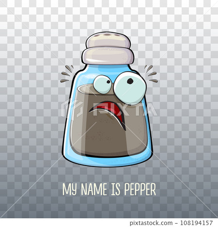 Vector cartoon pepper shaker with smiling faces isolated on transparent background. Funky Kawaii pepper character. My name is pepper concept illustration for printing on tee 108194157