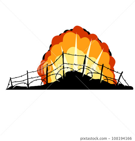 Barbed wire. Scenery of modern military conflict. Comic boom explosion. Big cartoon fireball. Fire bang and exploding. Silhouette of military barricades. Defensive fortifications. 108194166