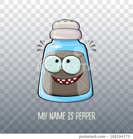 Vector cartoon pepper shaker with smiling faces isolated on transparent background. Funky Kawaii pepper character. My name is pepper concept illustration for printing on tee 108194173