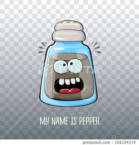 Vector cartoon pepper shaker with smiling faces isolated on transparent background. Funky Kawaii pepper character. My name is pepper concept illustration for printing on tee 108194174