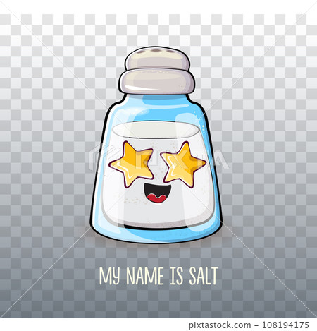Cute cartoon salt shaker with smiling faces isolated on transparent background. Funky Kawaii salt character. My name is salt concept illustration for printing on tee 108194175