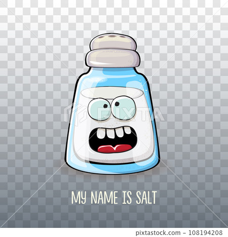 Cute cartoon salt shaker with smiling faces isolated on transparent background. Funky Kawaii salt character. My name is salt concept illustration for printing on tee 108194208