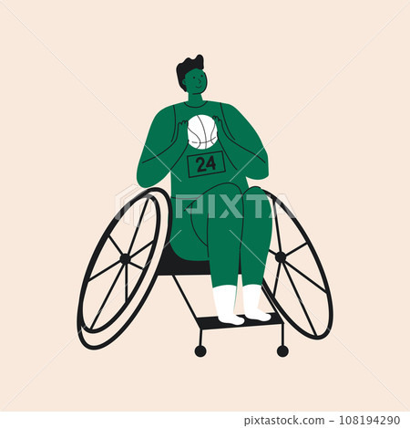 Retro cartoon style paralympic athlete sitting in the wheelchair holding a basketball ball. 108194290