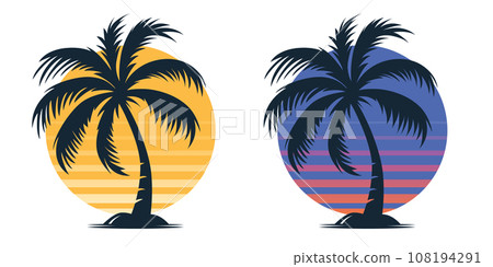 Vector Palm Trees, Palm Tree Icon Set Isolated. Palm Silhouettes on Sunset Background. Design Template for Tropical, Vacation, Beach, Summer Concept. Vector Illustration. Front View Vector Palm Trees, Palm Tree Icon Set Isolated. Palm Silhouettes on Sunset Background. Design Template for Tropical, Vacation, Beach, Summer Concept. Vector Illustration. Front View 108194291