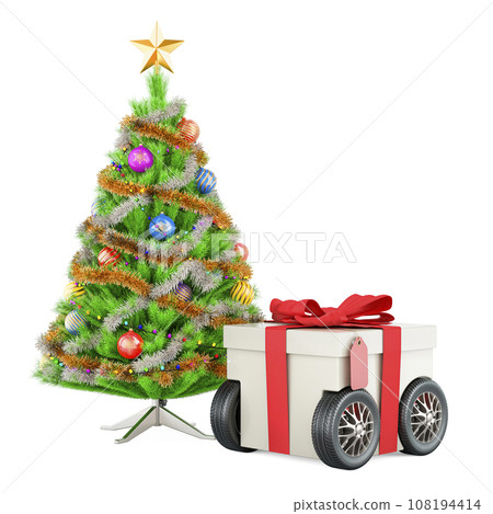 Christmas tree with gift box on wheels, fast gift delivery concept. 3D rendering 108194414