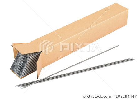 Welding sticks, pegs inside box. Stick electrode, welding rods. 3D rendering Welding sticks, pegs inside box. Stick electrode, welding rods. 3D rendering 108194447