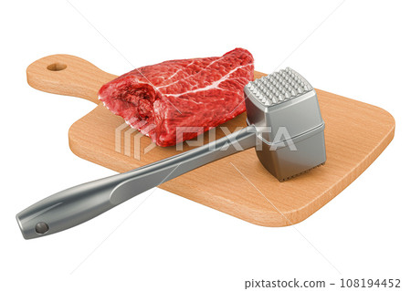 Beef lies on a wooden board with meat tenderizer, 3D rendering 108194452